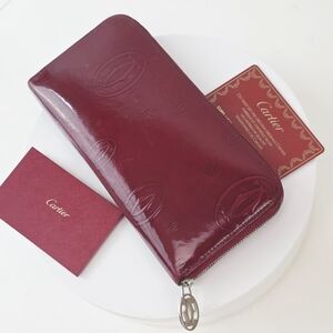 Cartier Happy Birthday Zip‎ Embossed Leather Wallet Burgundy Red Patent Brown